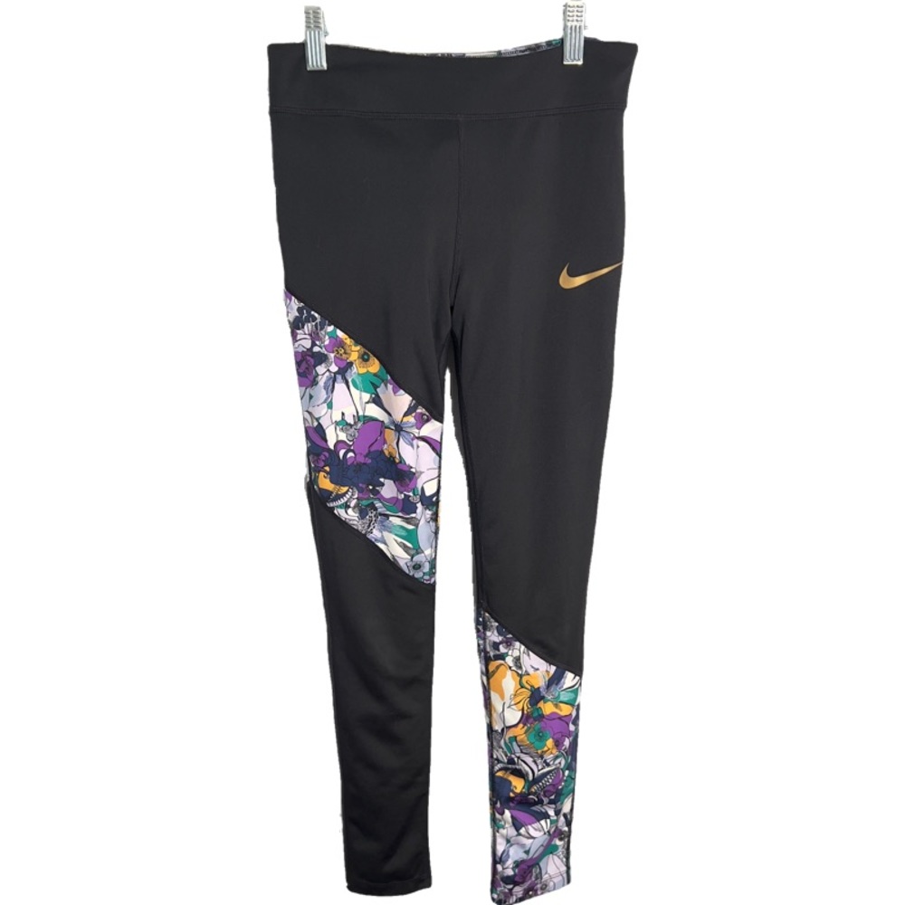 Girls Nike Dri-FIT Black Metallic Gold Logo One Studio Floral Leggings 14-16 L